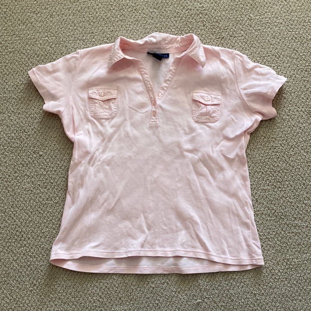 Karen Scott Pale Pink Popcollar Polo Shirt Size Medium 100% Cotton Button EUC